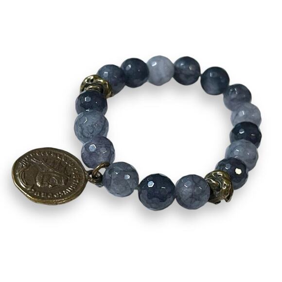 Gemstone Stretch Bracelet Womens Faux Coin Blue Slate Boho Hippie Artsy - Picture 4 of 10
